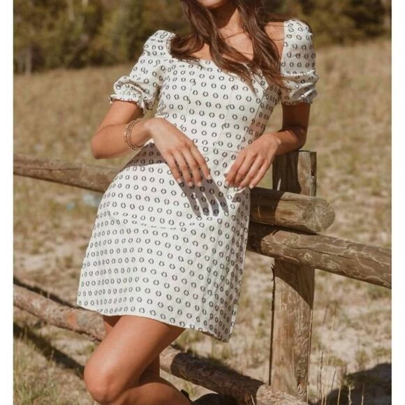 FORE Quinn Everyday Linen Puff Sleeve Square Neck Cream Patterned Mini Dress L - Picture 2 of 15